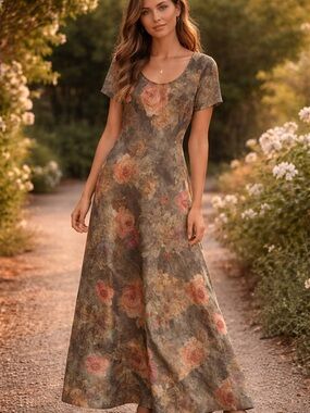 Vintage Christy Lyn Floral Maxi Dress in Muted Olive